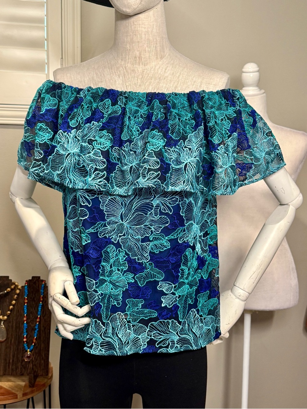 Trina Turk Teal & Navy Floral Off-Shoulder Ruffle Crop Top